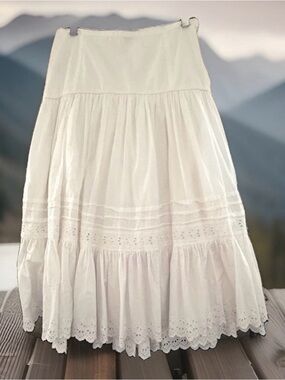 Vintage Polo Ralph Lauren White Poplin Eyelet Long Skirt Size 8 White Tiered